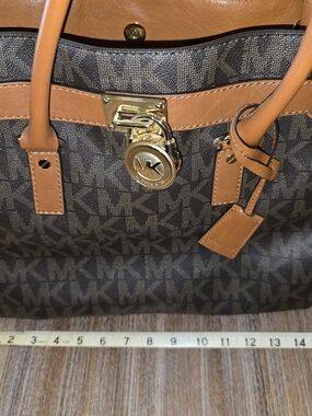 Michael Kors Brown and Tan MK Monogram Tote with Gold Hardware With Dust Bag
